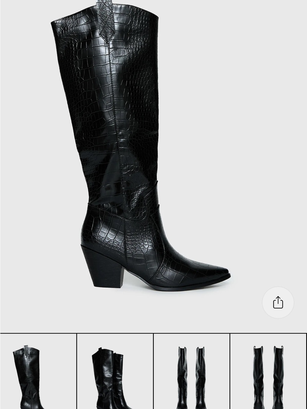 Princess Polly Black Croc-Embossed Knee Boots with Pointed Toe